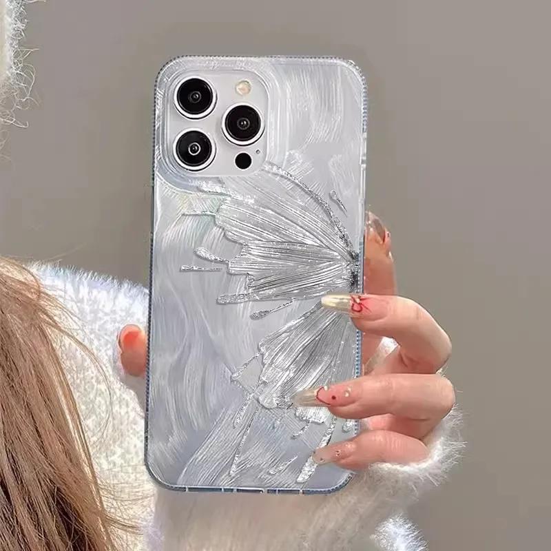 For iPhone 14 13 15 16 Pro Max Case Luxury Laser Silver Butterfly Phone Case for iPhone 16E 11 12 Pro Max XS XR 7 8 16 Plus Case