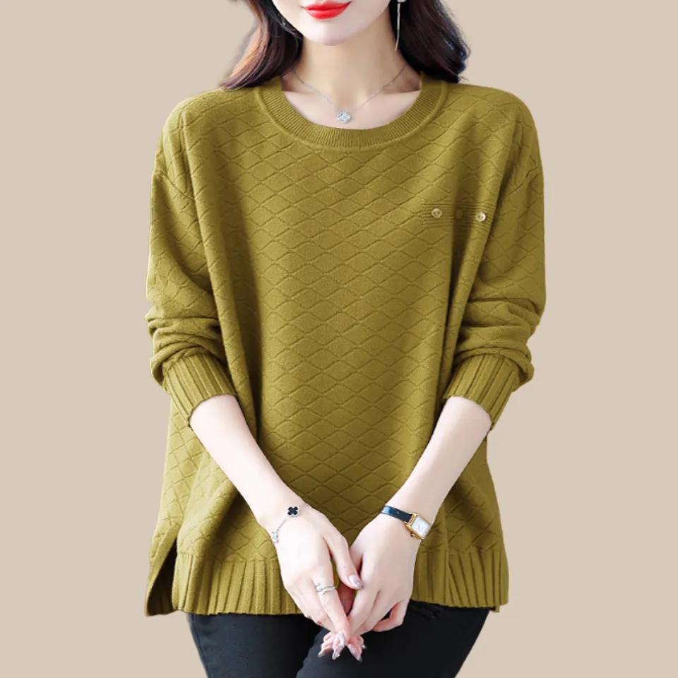 Pulover de damă mărime mare, largi, la modă, cu fundul mamei, de toamnă și iarnă, de sus cu gât rotund