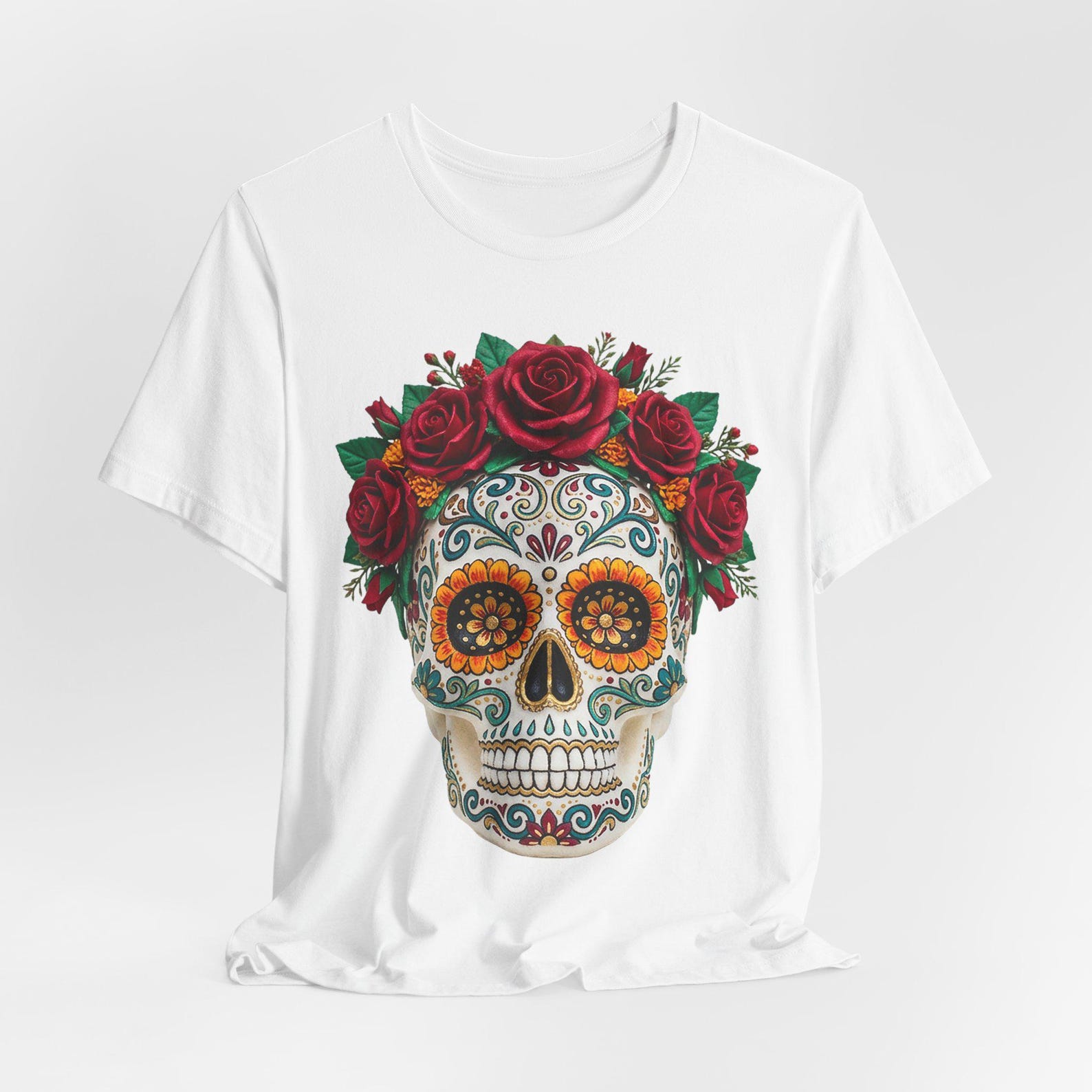 Sugar Skull with Red Rose Crown T-Shirt | Day of the Dead Skull Tee L