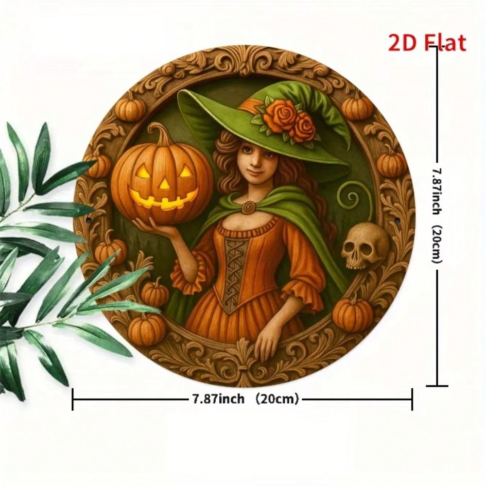 Vintage Round Iron Pumpkin Witch Sign Halloween Wall Decor Retro Spooky Metal Tin Sign For Bedroom Dining Room Party Decoration