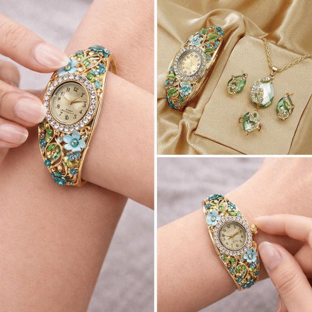 Retro Flower Butterfly Watch Quartz Movement Floral Watch Set  Evening Party