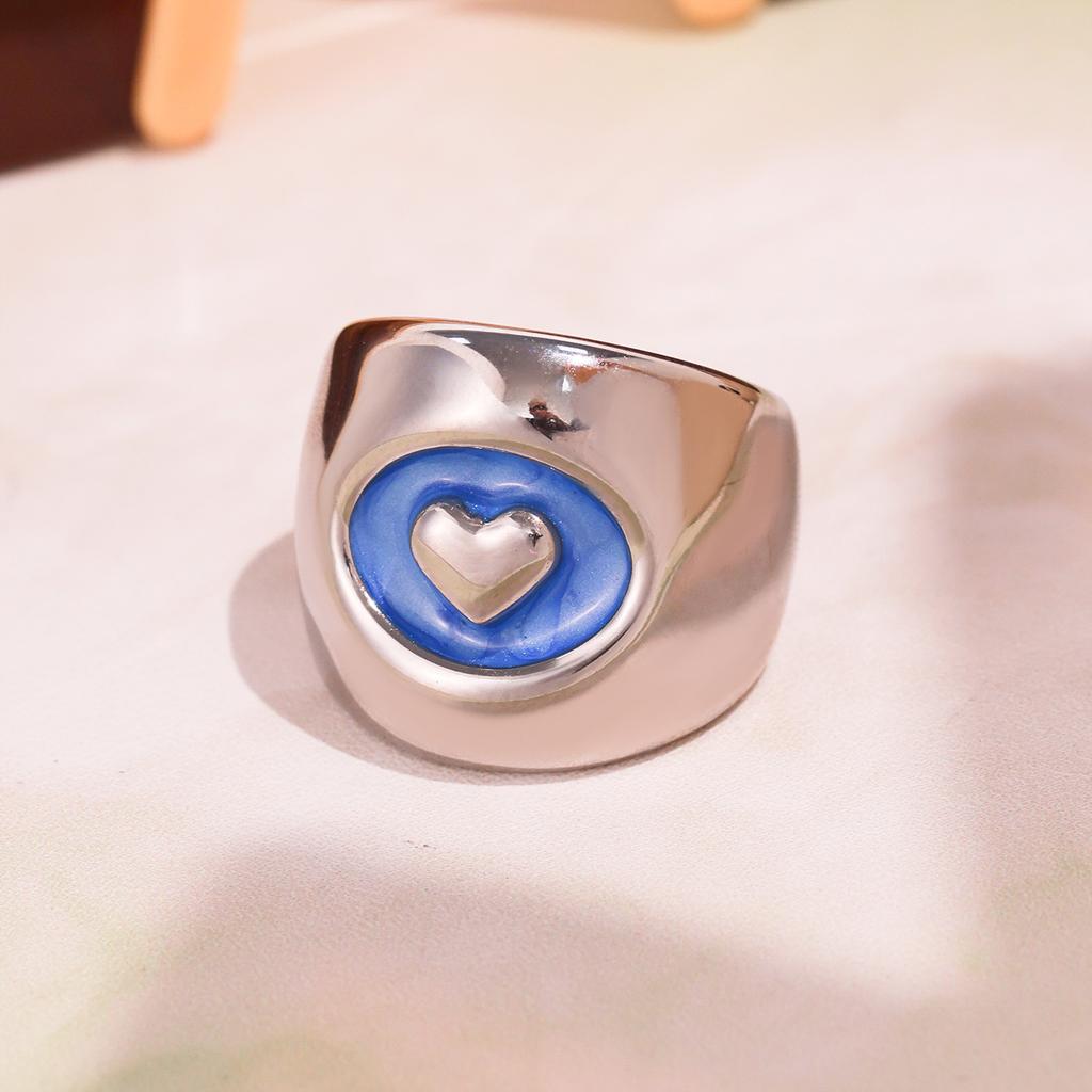 Gold Color Zinc Alloy 316 Stainless Steel Gold Plated 18K Luxury Ring Women's Blue Enamel Heart Open Ring Girls Fashion Zircon