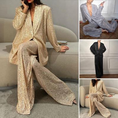 Chemise à paillettes pour femme, pantalon à revers, col en V, ample, manches longues, manteau mi-long, jambe large, pantalon surdimensionné pour les fêtes, tenue de club, célébrité