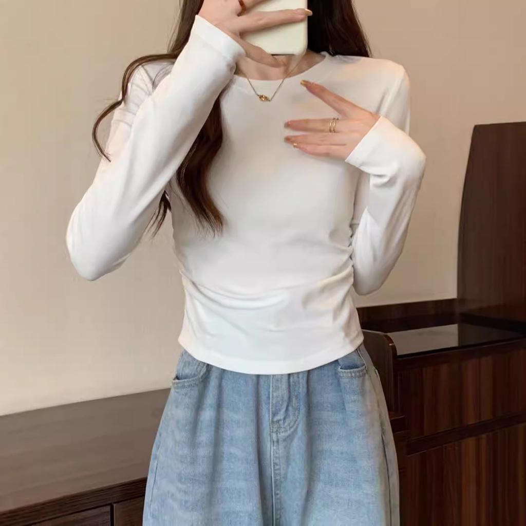 Simple and fashionable slim-fitting thin shirt top, spring pleated card waist long-sleeved women's inner bottoming shirt