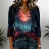Womens Halloween Graphic V Neck T Shirt Casual 3/4 Sleeve Top Autumn Seasonal Print Loose Fit Pullover