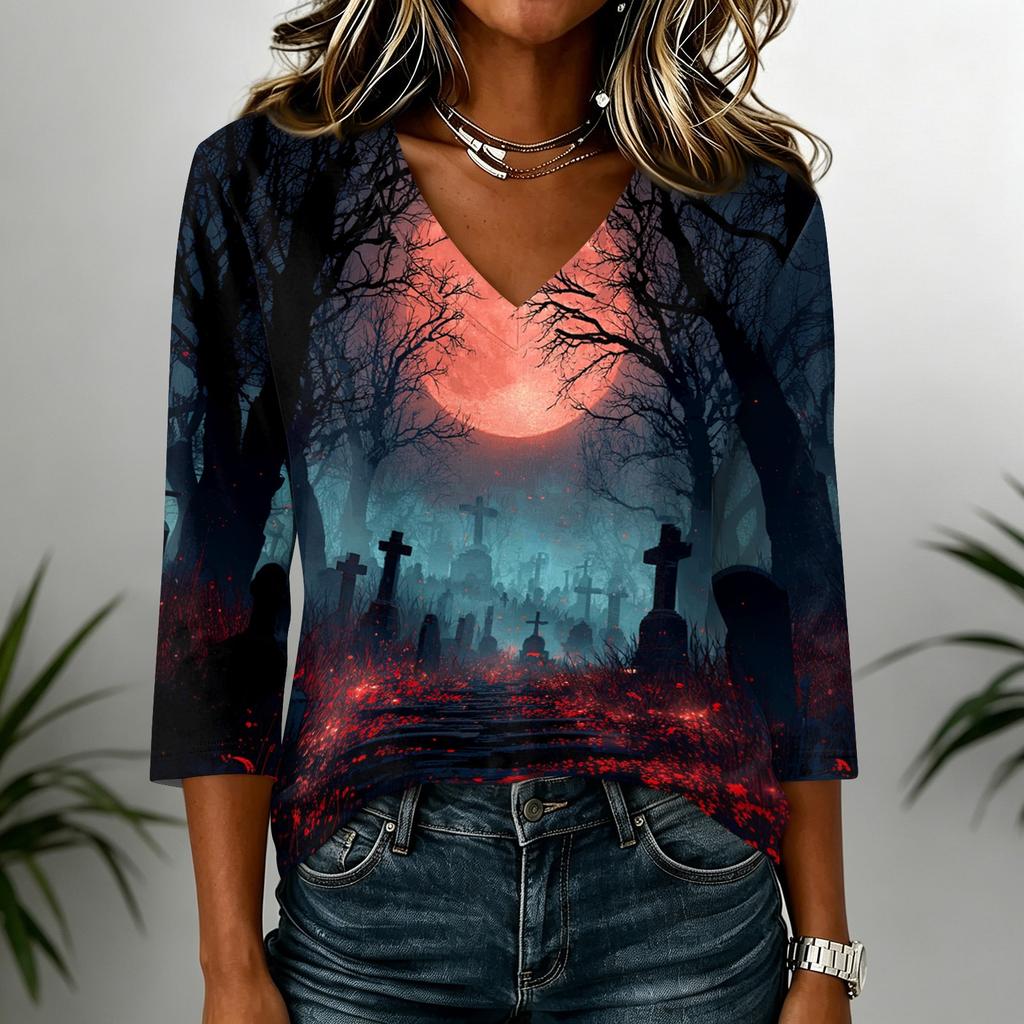 Womens Halloween Graphic V Neck T Shirt Casual 3/4 Sleeve Top Autumn Seasonal Print Loose Fit Pullover