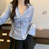 Womens Striped V-Neck Long Sleeve Shirt Slim Fit Tailored Blouse With Button Front Winter Casual Chic Top