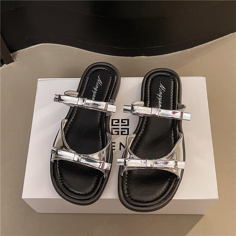 Evening Wind Fairy Slippers 2025 New Wear Flat Bottom Bow Open Toe Comfortable Versatile Casual Soft Bottom Cool Slippers