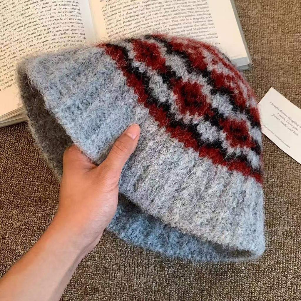 Women Fair Isle Knit Fisherman Hat Large Head Size Warm Bucket Hat