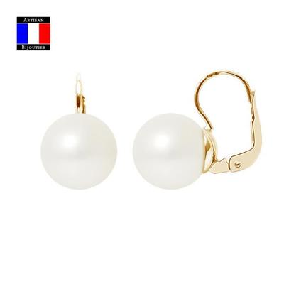 Compagnie Générale Des Perles - Genuine Cultured Pearl Earrings 9-10 Mm 18 Cts Yellow Gold Sleeper System - Women's Jewelry