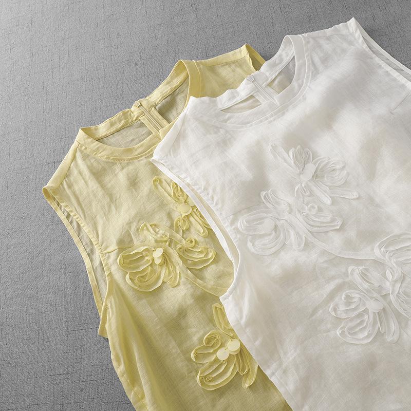 European-Style Floral Embroidered Cotton Linen Sleeveless Top for Women