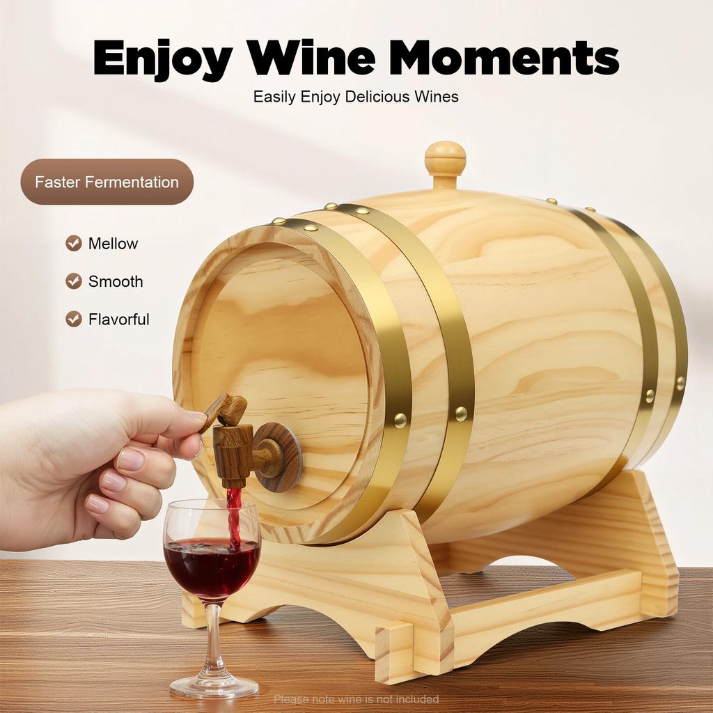 5L Pine Wood Aging Barrels, Wine Cask with Wood Stand Whiskey Barrel Wine Bucket w/ Spigot for Homes Bars