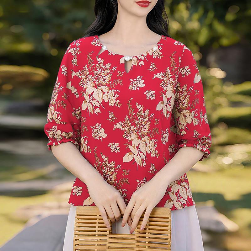 

ZANZEA Женская летняя блузка с круглым вырезом, рукавом до локтя, свободного кроя, с повседневным принтом 5XL красный