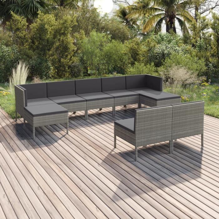 VidaXL Garden Lounge Set 9 Pcs, with Cushions Wicker Resin Grey