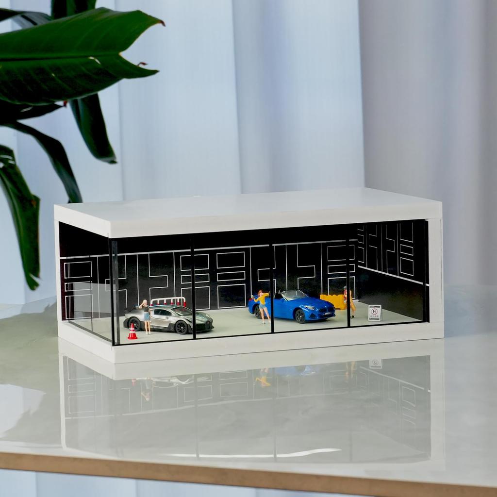 Hot Wheels Vitrine, Matchbox Spielzeugautos Organizer, Aufbewahrung, 1/64 Maßstab Diecast Modellautos, Diorama Garage mit Lichtern und Staubdichtem Design (Schwarz)