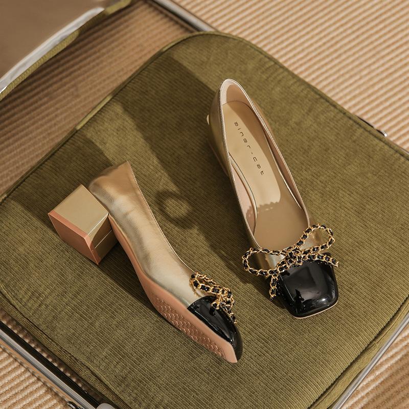 53309 [sheepskin] Square Head High Heels Women's Thick Heel 2025 New Color Matching Bow Light Mouth Medium Heel Single Shoes