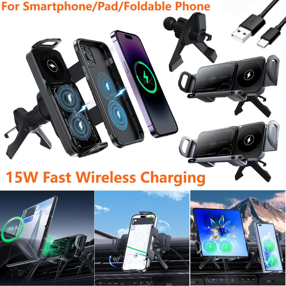 Universal Car Phone Mount Car Wireless Charger Dual Coil Foldable Phone Holder Fast Charging For Samsung iPhone Xiaomi Z Fold