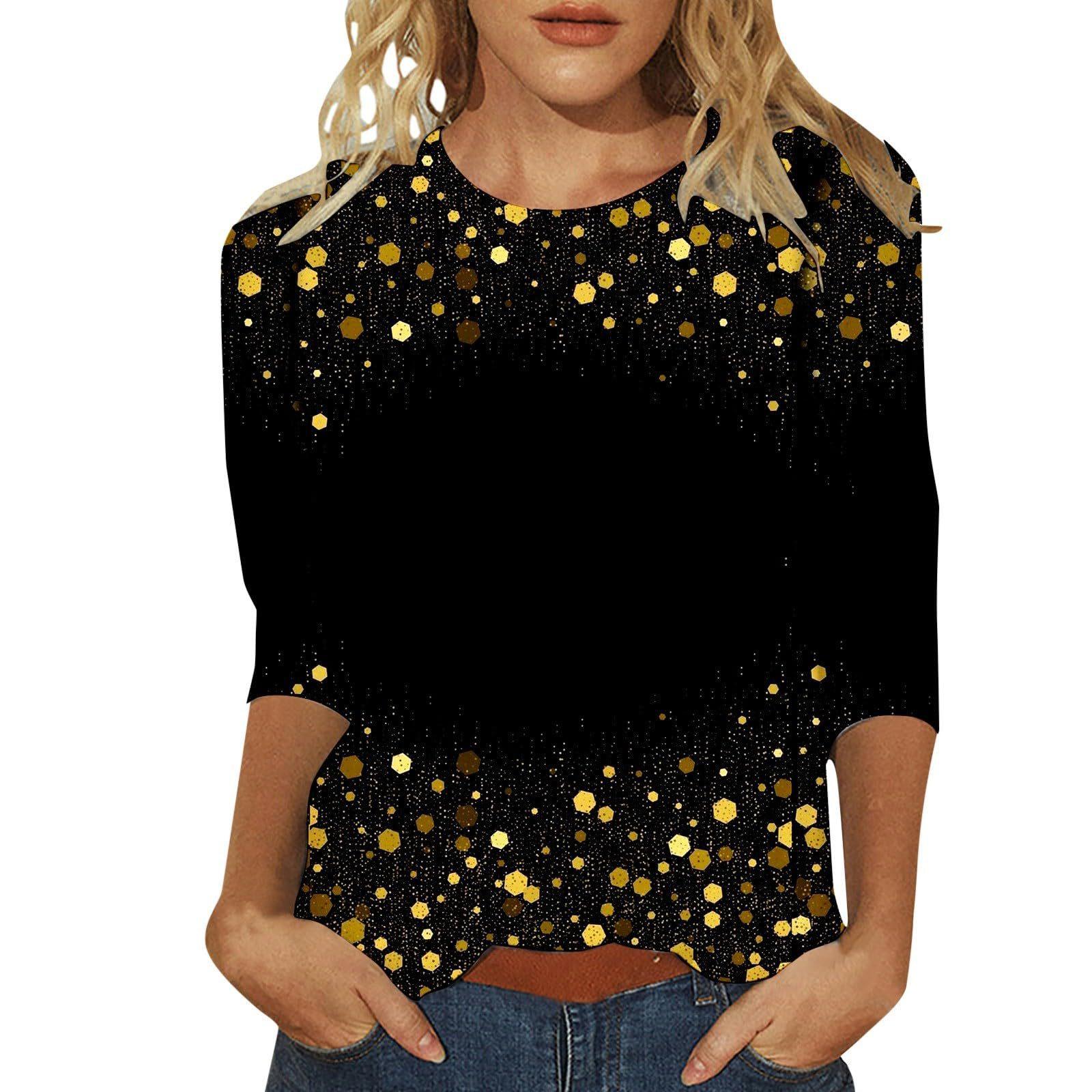 

Весенне-осенние женские футболки с круглым вырезом, с блестящим узором и 3D-принтом, модные повседневные с длинным рукавом XXL