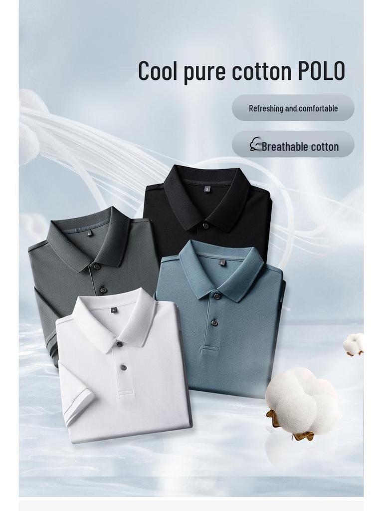 Men's Solid Color 100% Cotton Polo - Short-Sleeve, Summer Casual Lapel Top for Middle Age