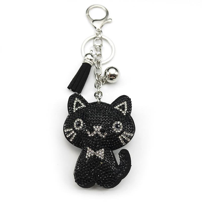 Black Cute Kitty Bowknot Keychain For Women Men Rhinestone Tassel Female Bag Decoration Cat Animal Keyring Jewelry Gifts
