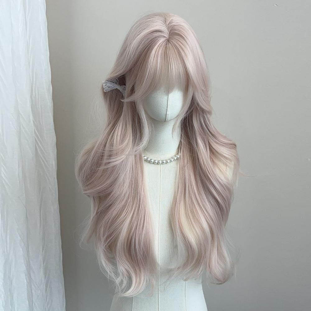 Women's Grey Pink Long Curly Synthetic Wig With Bangs Natural Long-Smooth Heat Resistant Wavy Wig For Cosplay Daily Wear