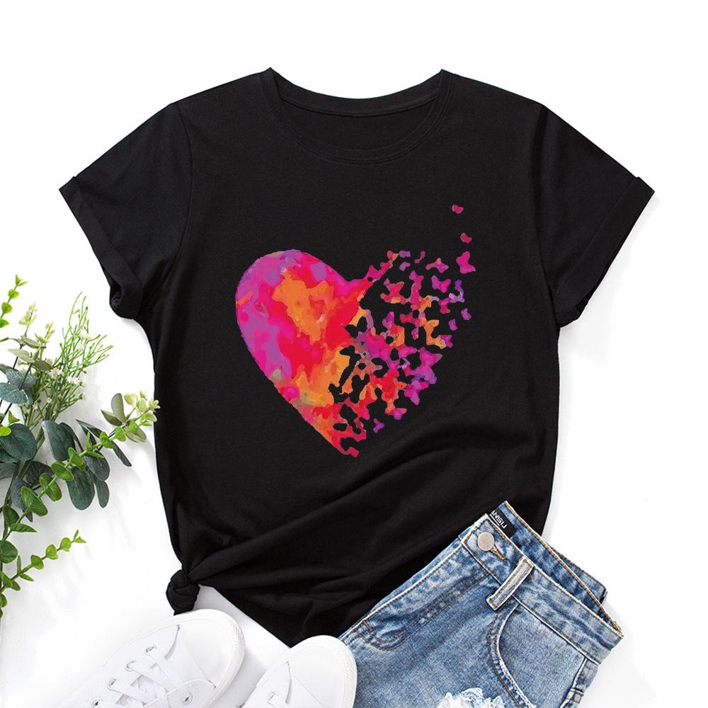 

Cotton T-Shirt Short Sleeve Round Neck Women 2d Print Tops S