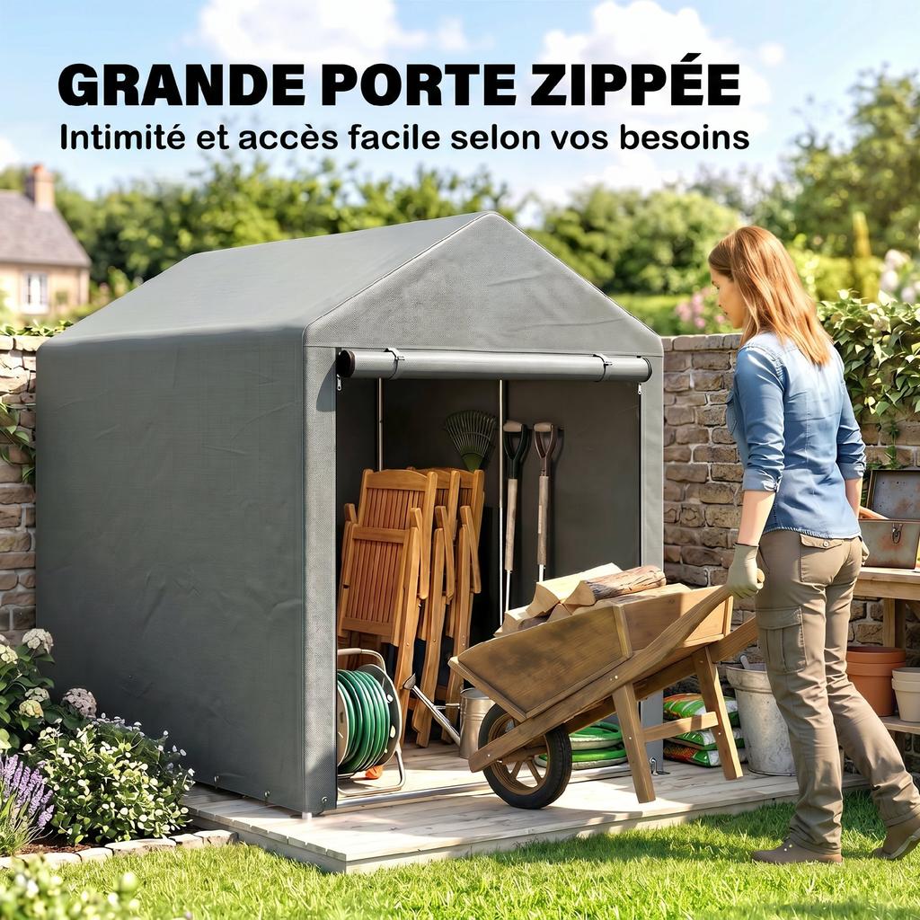 Garden Shed, Waterproof, 2 Compartments, Roll-Up Zipper Door, 120 x 179 x 165 cm, Light Grey