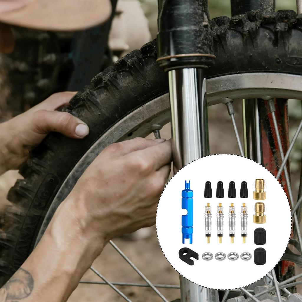 Valve Core Repair Kit for Presta, 4 Valve Cores 4 Valve Core Caps 4 Nuts 2 Plastic Caps 2 Converters and 2 Plastic & Alloy Valve Stem Dismantle