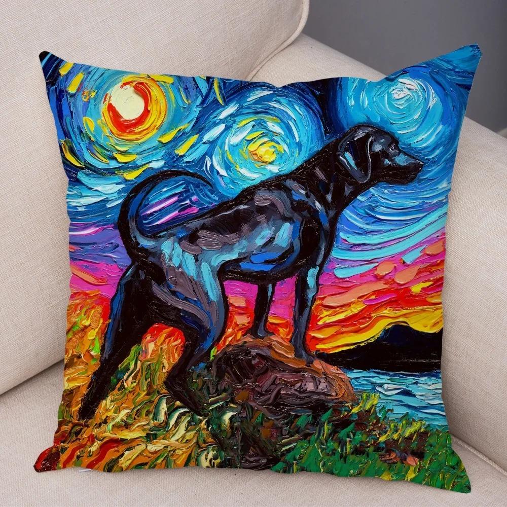 Colorful Oil Painting Pet Animal Pillowcase Starry Sky Art Cartoon Dog Cushion Cover Decorative Sofa