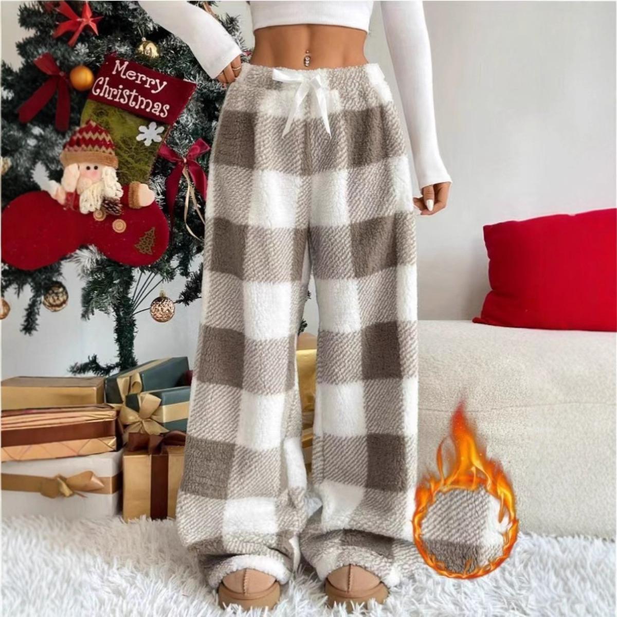 

2025 Autumn Winter Women s Wide Leg Pants Loose Casual High Waist Belted Plaid Print Fluffy Trousers XXL хаки