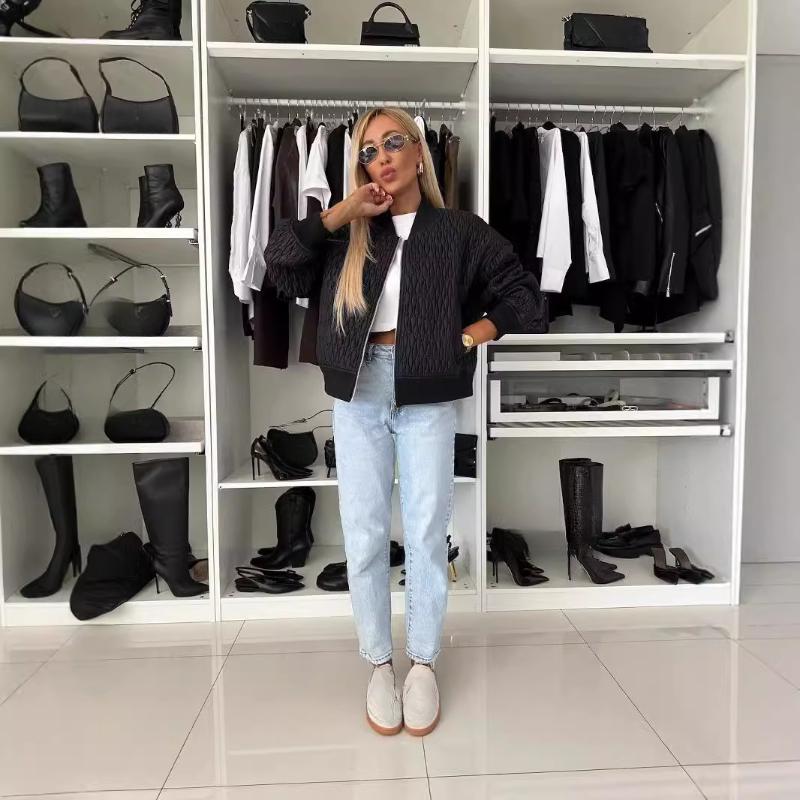 Módní Stojánek Límec Dlouhý rukáv Krátké Kabáty Podzim Zima Elegantní Kostkovaný zip Svrchní oděvy Ženy Ležérní Jednobarevné Bundy