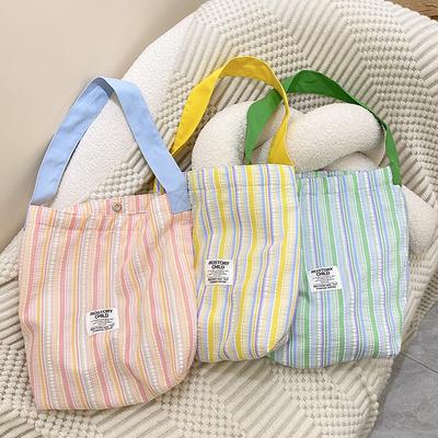 Pleated Striped Contrasting Shoulder Bag, Fresh and Versatile Large-capacity Canvas Bag, Female College Student Class Bag, Female Bag
