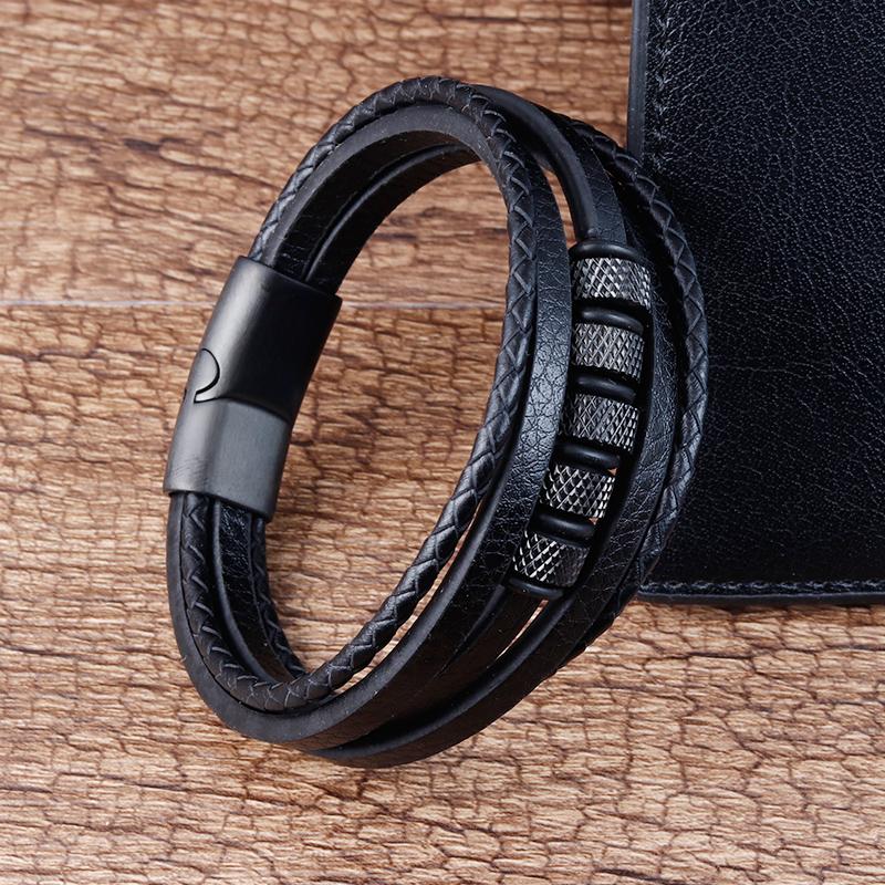 Luxury Stainless Steel Beaded Bracelet Fashion Men's Jewelry Classic Multilayer Braided Leather Bracelet Homme New Year Men Gift