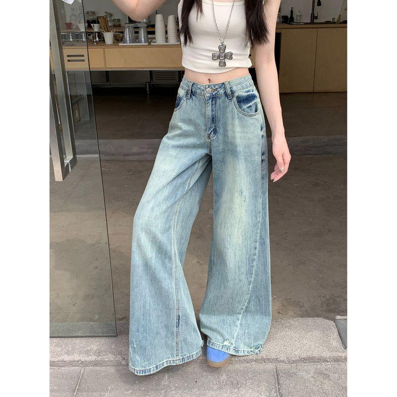 

American Retro Washed Denim Straight-Leg Pants Women s Summer Small Low Waist Loose Loose Pants Mop Pants Light blue pants 155-165 XL