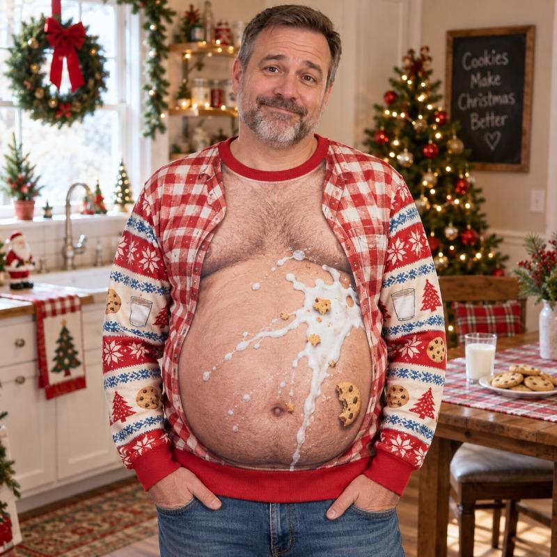 Funny Santa Cookie Belly Ugly Christmas Sweater Men 3D Print Polyester Crewneck Sweatshirt Holiday Party Pullover