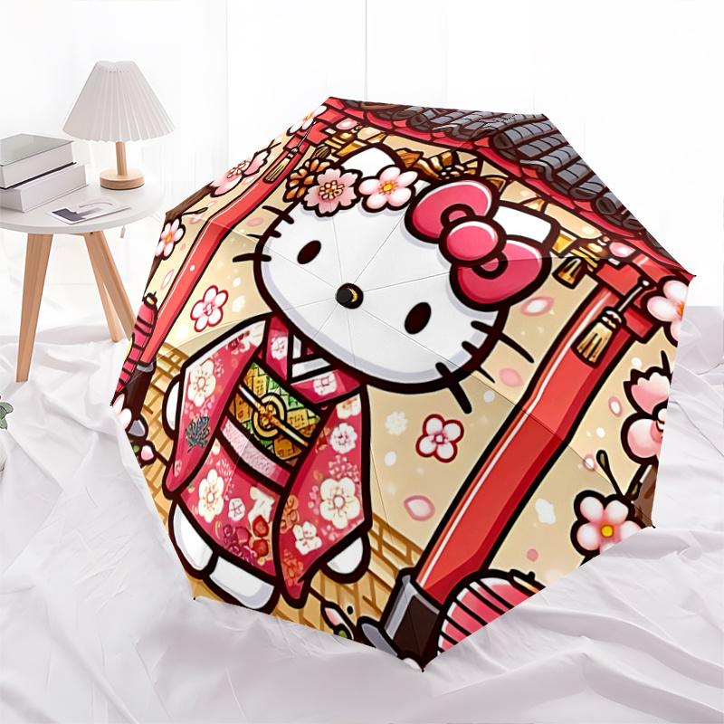 

1pc Hello Kitty Cherry Blossom Kimono with Automatic Opening/Closing Umbrella, Portable Tri-Fold Design, 8-Bone Iron Frame, Outdoor Umbrella, Festival