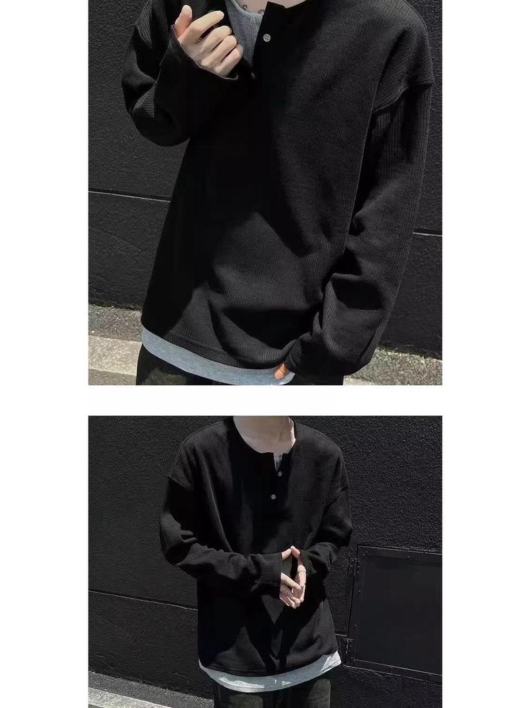 Men's Autumn Korean Style Slim-Fit Henley Long-Sleeve T-Shirt