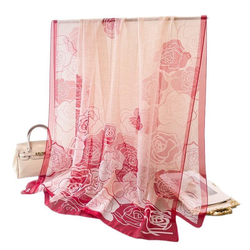 Orange Mengqi Encryption Yourou Gauze Printing Spring and Summer Silk Scarf Large Long Scarf Travel Shawl Sunscreen Women's Scarf Headscarf