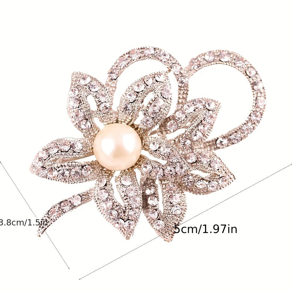 Silver Tone Double Flower Brooch Pin with Big Beads & Rhinestones, Women's Elegant Chest Decorative Button for Jacket Coat Suit
