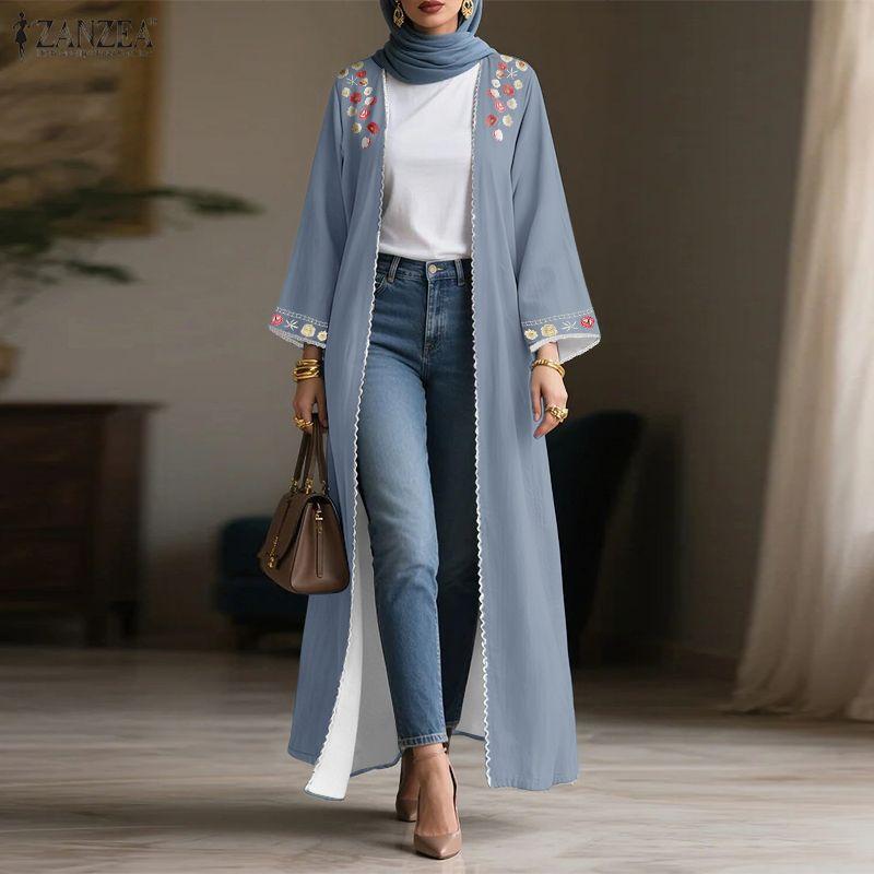 ZANZEA Damen Blumenmuster Locker Lässig Langarm Langer Cardigan Bluse