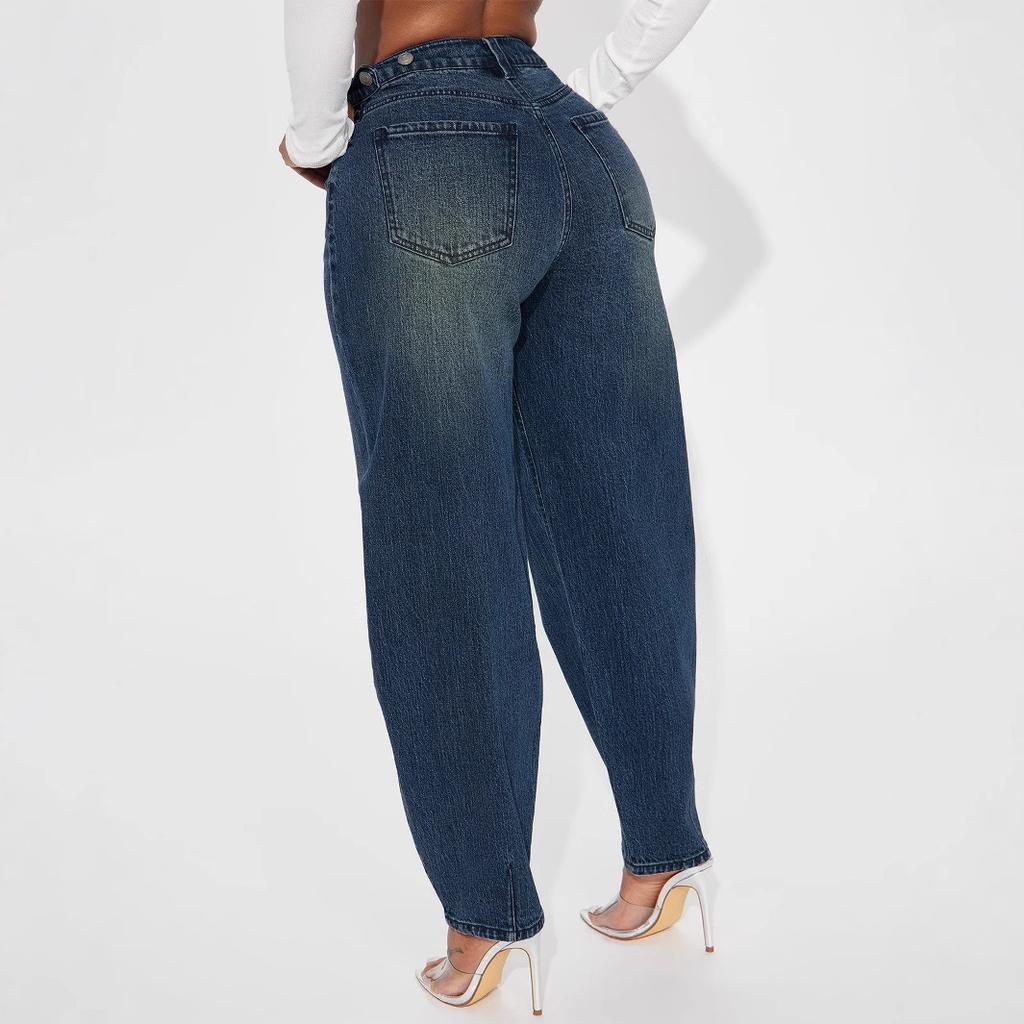 Women's Mid Rise Balloon Jeans Harem Carrot Denim Pants Vintage Washed Non-Stretch Loose Casual Long Trousers For Autumn Daily Wear