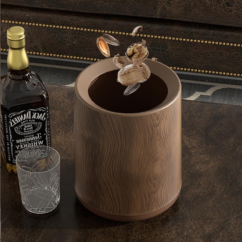 

Retro Wood Grain Double-Layer Trash Can - Chinese Style Wastepaper Basket for Office & Study Round bin without base