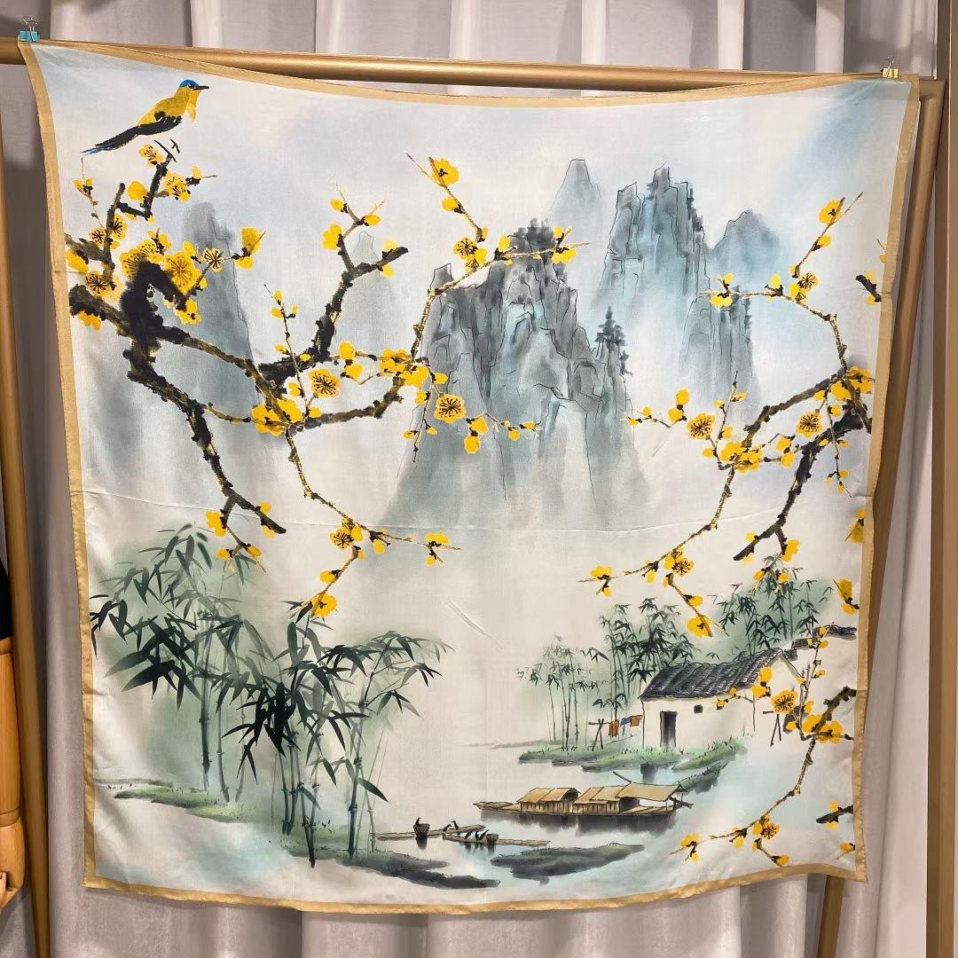 

Ханчжоуский шелковый квадратный шарф, шарф из шелка с рисунком тушью, женский универсальный шарф в китайском стиле, шарф из 100% шелка-тутового шелкопряда