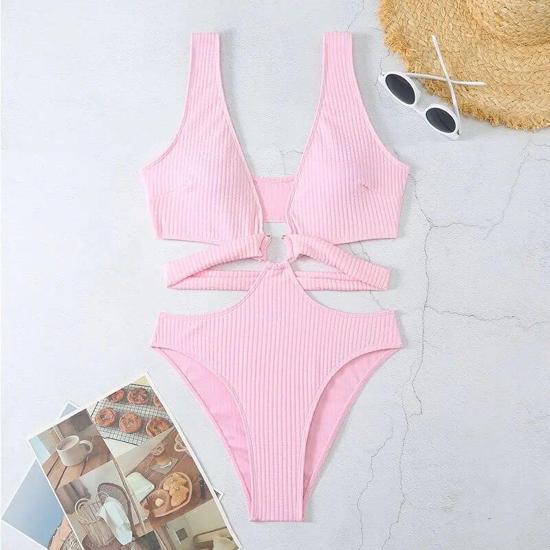 Women'S Sexy  Hollowed Out Bikini Solid Color One Piece Swimsuit Fashion Party Club Beach Push Up Bikinis Swimwea