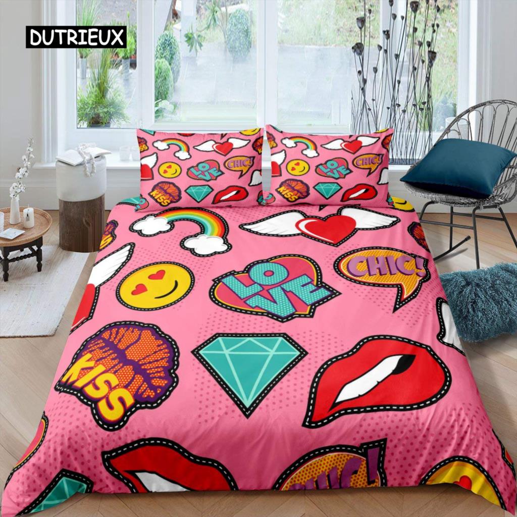 Lip Duvet Cover Pink and Gray Lips Kissing Pattern Comforter Cover Sexy Theme King Size Twin Bedding Set for Women Girls Lovers