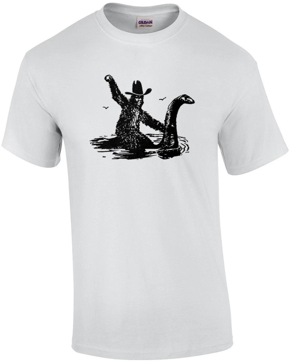 Big Foot Riding Loch Ness Monster - Funny T-Shirt 4XL