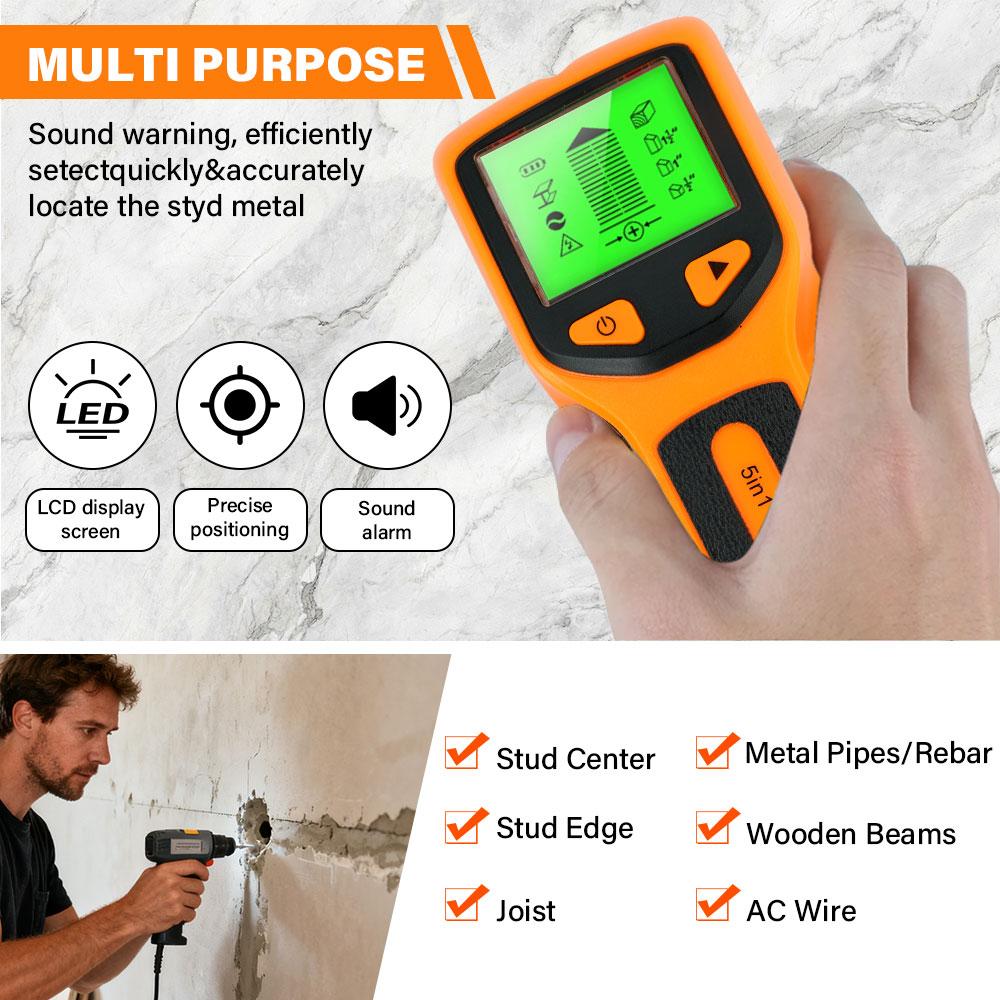 Handheld 5 in 1 Digital Wall Stud Detector Wood Scanner Metal Finder for Live AC Wires Cables PVC Water Pipe 3