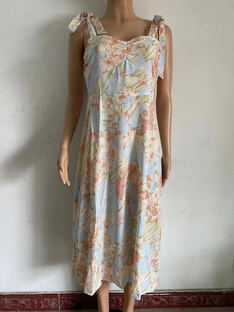 V Neck Strap Printingt Dress Lace Up Knee Length Dress Elegant Sleeveless Dresses Causal Women Dress