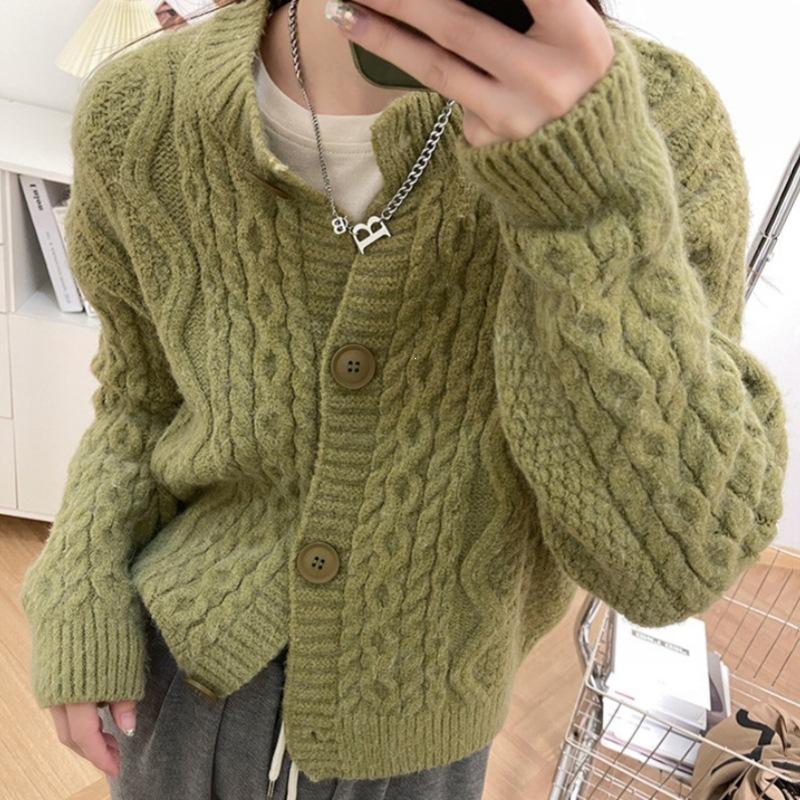 Korean Style Lazy Twist Knit Cardigan Short Round Neck Sweater Coat