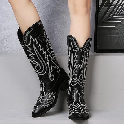 Botas clásicas de mujer con punta puntiaguda, botas de vaquero, botas de mujer con tacón grueso, botas de vaquero bordadas de tacón medio